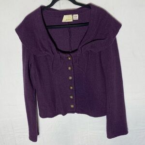 Anthropologie Guinevere Eggplant Purple Boiled Wool Button Front Cardigan L